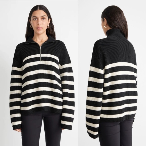 & Other Stories Sweaters - & Other Stories XS Oversized Striped Black White Quarter Zip Sweater
